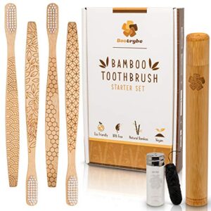 Eco-Friendly Bamboo Toothbrush Set – 4 Engraved Toothbrushes, 1 Bamboo Travel Case, and 1…